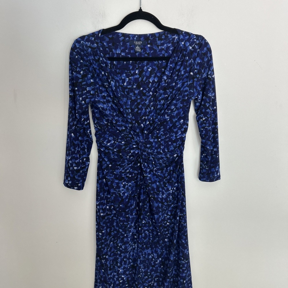 Chaps Womans Dress Small Blue Geometric Twisted Front 3/4 Sleeve Stretch Comfy
